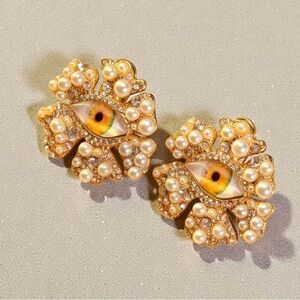Schiaparelli Inspired Elegant Gold and Pearl Eye Earrings
